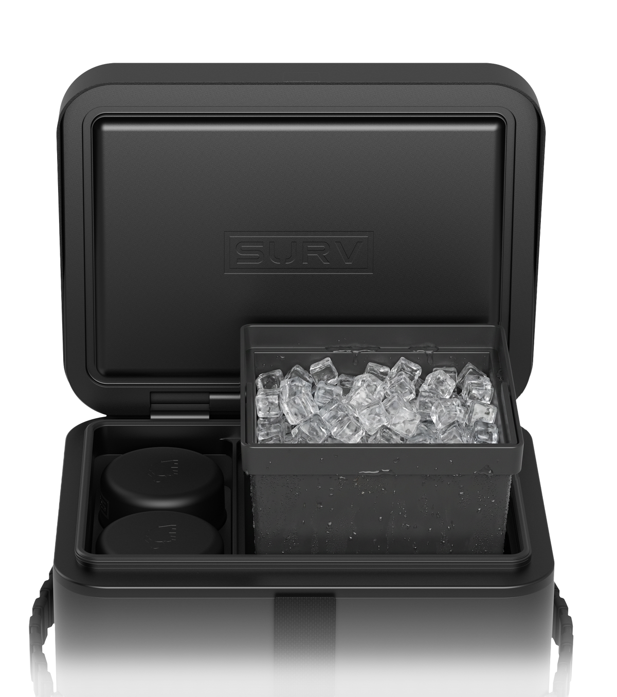Ice tray full of ice beside two loaded tumblers inside SURV