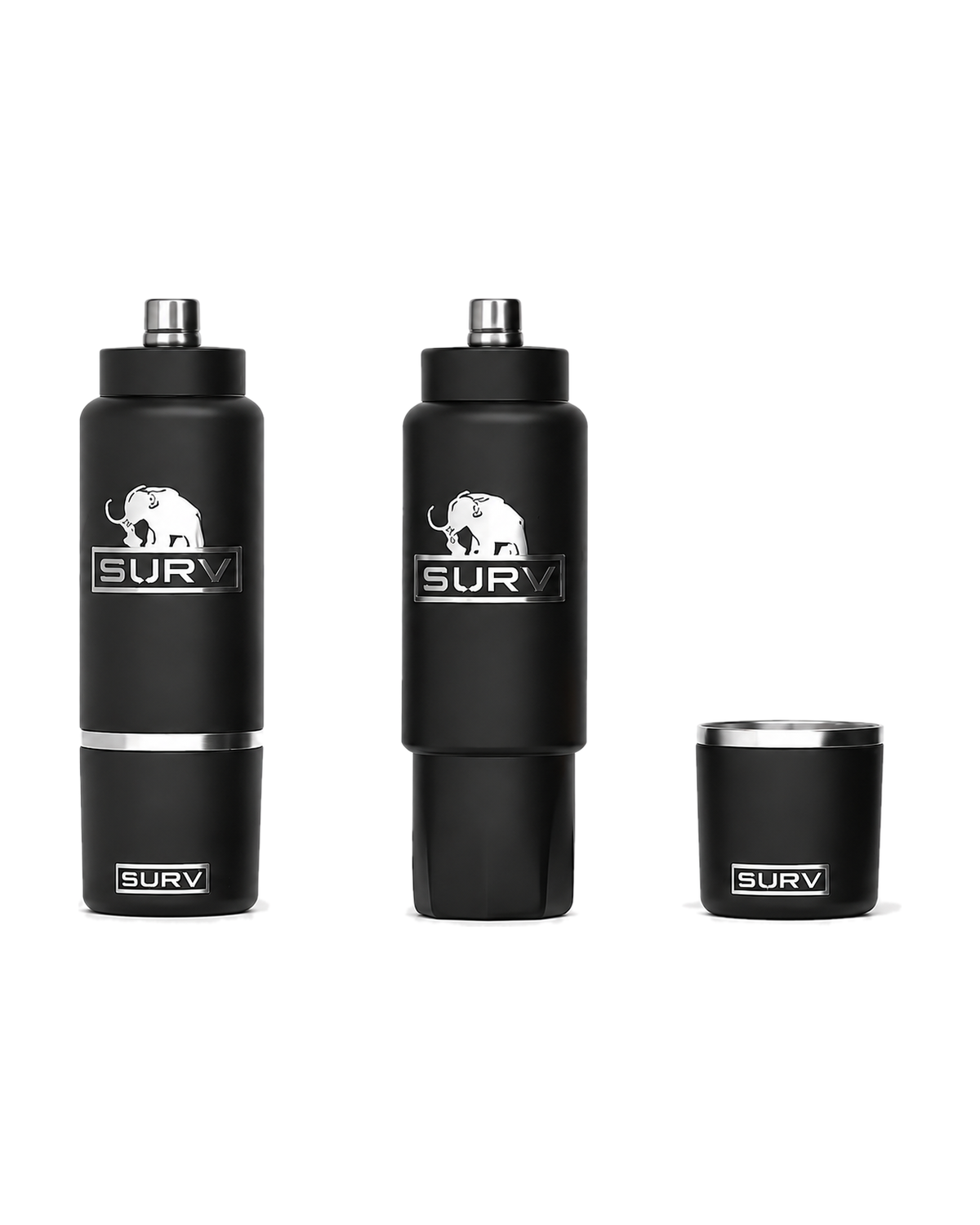 Two SURV tumblers with TapCap lids, one with its magnetic cup docked and one cup on its own