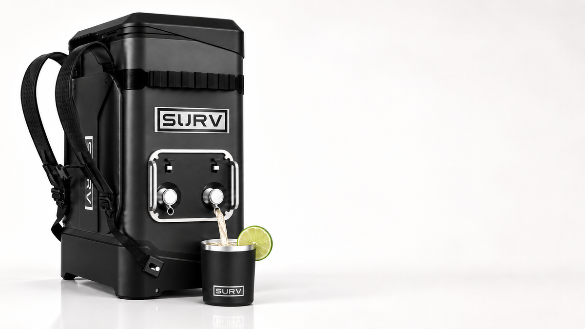 SURV portable drink station pouring a drink from one of its two taps