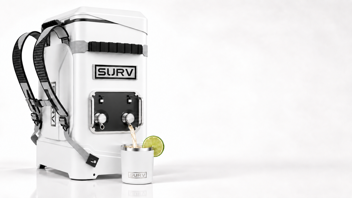 White SURV portable drink station pouring a drink from one of its two taps